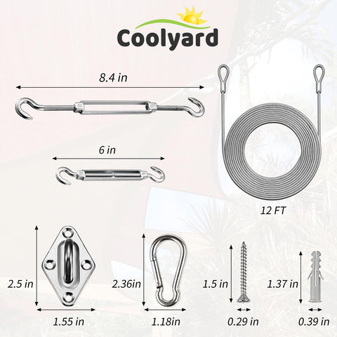Shade Sail Hardware Kit With Vinyl Coated Aircraft Cable 48 Ft Total, 12 Ft Sections, 6 Inch Hanging Kit components diagram
