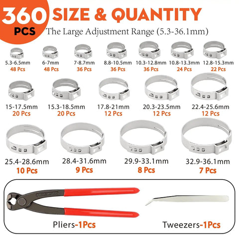 360-piece Single Ear Hose Clamp Kit With Crimping Pliers, 5.3-36.1mm 304 Stainless Steel Oetiker Style Clamps, Leak-Proof for plumbing use.