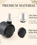Pack Of Eight Heavy Duty Black Nylon Swivel Caster Wheels Featuring Secure M6 Threaded Stems Built Tough For The Daily Grind Rolling Smooth And Quiet, showing zinc plated steel stem and nylon wheel.