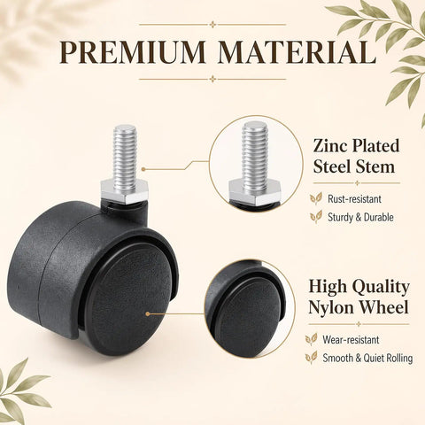 Pack Of Eight Heavy Duty Black Nylon Swivel Caster Wheels Featuring Secure M6 Threaded Stems Built Tough For The Daily Grind Rolling Smooth And Quiet, showing zinc plated steel stem and nylon wheel.