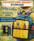Kid Safe Wood Carving Starter Kit With Round Tip Safety Knives, Cut Resistant Gloves, Tape, And Storage Bag in yellow backpack.