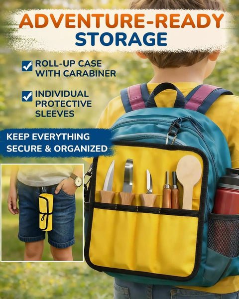 Kid Safe Wood Carving Starter Kit With Round Tip Safety Knives, Cut Resistant Gloves, Tape, And Storage Bag in yellow backpack.