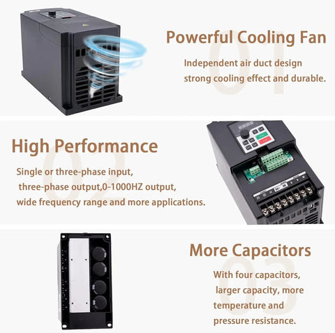 4KW 5.5HP 380V VFD Variable Frequency Drive Inverter showcasing cooling fan, performance, and capacitors for CNC motor control.