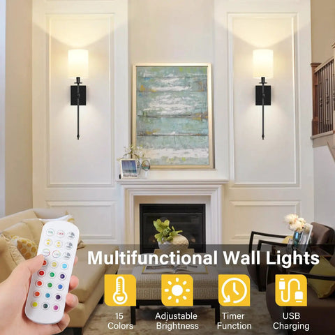 Wireless Rechargeable Set of 2 Battery Operated Wall Sconces With Remote Control For Indoor Home Decor in modern living room