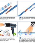 Step-by-step guide showing installation of 100 Pack Blue Waterproof Solder Seal Wire Connectors 16-14 AWG with heat gun.