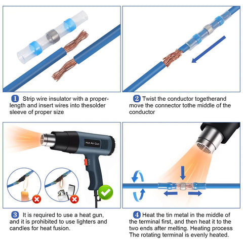 Step-by-step guide showing installation of 100 Pack Blue Waterproof Solder Seal Wire Connectors 16-14 AWG with heat gun.