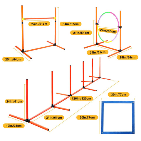 Dog Agility Training Set For Backyard And Indoor Use 4 Piece Obstacle Course with jump hurdle and weave poles. PVC material.