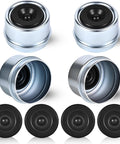 Set of 4 chrome trailer axle dust caps 1.98 in with black rubber seals; includes 4 extra plugs.