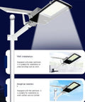 Built Different Solar Led Flood Light Featuring Dusk To Dawn Sensor And IP65 Weatherproof Housing installed on various surfaces.