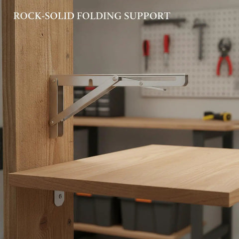 Heavy Duty Stainless Steel L Shaped Folding Shelf Bracket Wall Mount supporting a wooden workbench surface