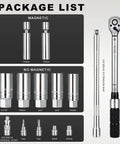 Fourteen Piece Three Eighths Drive Spark Plug Socket Set With Magnetic And Rubber Grip Sockets, Torque Wrench 5-45 Lb Ft, Swivel Joint, Extension Bar, Universal Joint, Torx And Hex Sockets, Includes 14mm And 16mm, Heavy Duty CRV Steel Build, package list