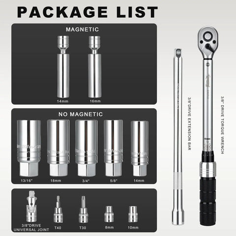Fourteen Piece Three Eighths Drive Spark Plug Socket Set With Magnetic And Rubber Grip Sockets, Torque Wrench 5-45 Lb Ft, Swivel Joint, Extension Bar, Universal Joint, Torx And Hex Sockets, Includes 14mm And 16mm, Heavy Duty CRV Steel Build, package list