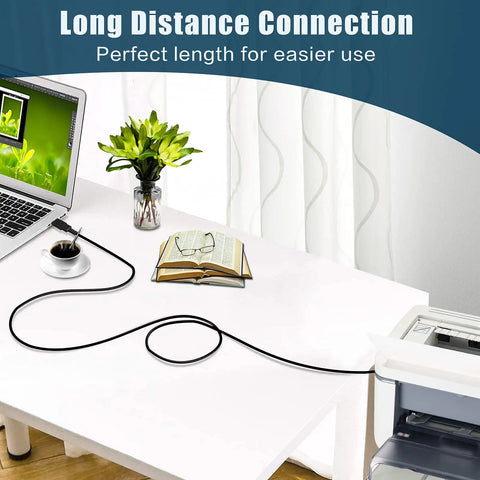 Tough As Nails 10Ft Usb A To B Male Cable Cord Plug And Play Data Sync Wire connected between laptop and printer on a desk.
