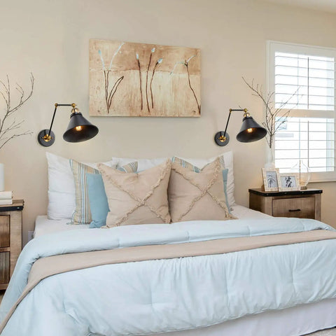 Bedroom with Black Swing Arm Wall Lamp With Antique Brass Finish, 2-in-1 Plug-In Or Hardwire Wall Sconce above bed