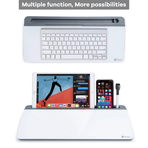Clear Glass Desk Whiteboard With Storage Tray And All In One Desktop Organizer For To Do Lists Memo Notepad Dry Erase Board A Real Game Changer For Quick Memos Meetings Home Office And School Use Gray Finish with devices displayed