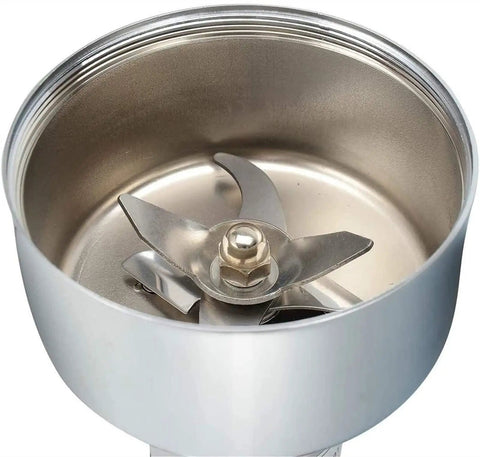 Stainless steel interior of Swing Type Commercial Electric Grain Mill Grinder with blade, 1000g capacity.