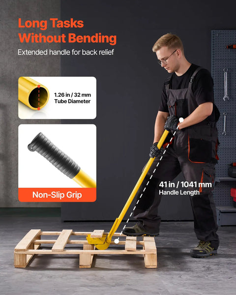 Pallet Buster Tool With 41 Inch Carbon Steel Handle Heavy Duty Wrecking Pry Bar Articulating Head For Non Damaging Wooden Pallet And Deck Removal Fast Easy Pallet Removal Perfect For Quick Deck Board Removal And Reuse. Worker prying wooden pallet with 41 in yellow handle