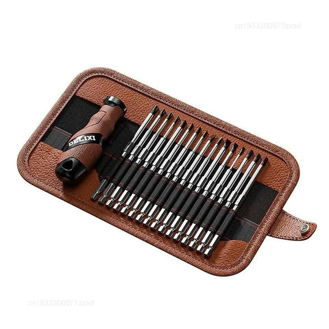 Ultimate 17-in-1 Precision Ratchet Screwdriver Set With Magnetic Bits For Electronics Repair And Home Auto Jobs That Seriously Rock., brown case with 17 chrome steel bits