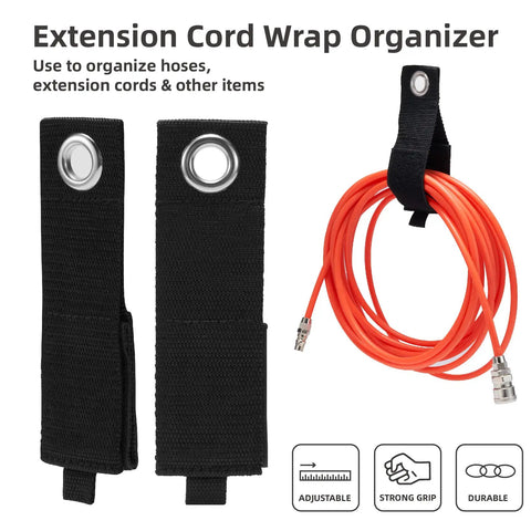 Extension cord wrap organizer with orange cord, includes two black straps and metal grommets for secure holding and organization.