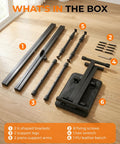 Rock Solid Keyboard Stand And Bench Set components on wooden floor with X-shaped brackets, support legs, PU leather bench, and tools