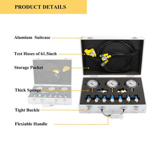 Rig Ready Hydraulic Pressure Test Kit Featuring Boss Strength Gauges Quick Snap Connectors Heavy Wall Hoses And Rugged Aluminum Tool Case For Excavator Fix Ups with gauges, hoses, and storage pocket.