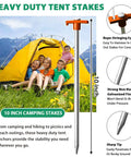 Heavy Duty Galvanized Tent Stakes Ten Pack: Rust-Proof Steel Canopy Anchors with orange stopper, shown beside yellow tent.