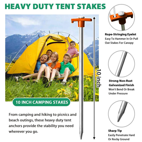 Heavy Duty Galvanized Tent Stakes Ten Pack: Rust-Proof Steel Canopy Anchors with orange stopper, shown beside yellow tent.