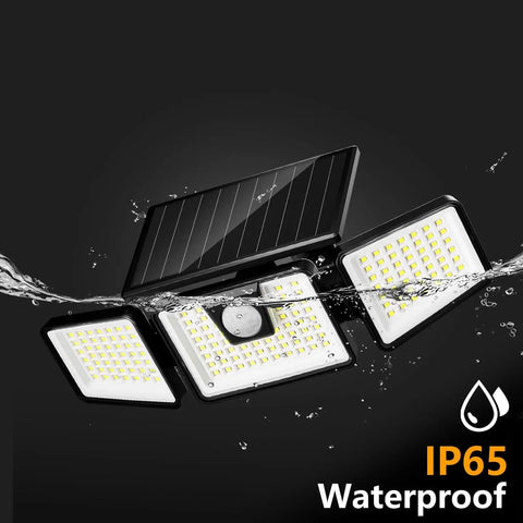 Beefy Three Head Solar Motion Sensor Flood Light Outdoor Waterproof 3000 Lumen 156 LED Security Spotlight, black, underwater test