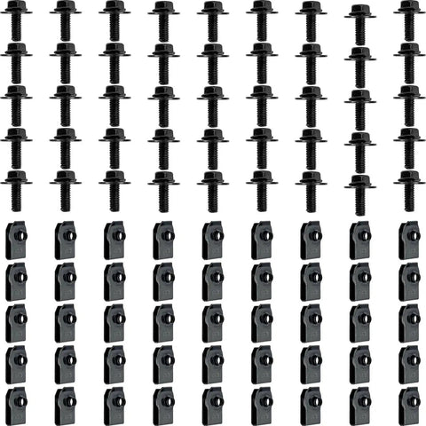 Must Have 100 Pc M6 1.0 Body Bolts And U Nuts Kit For Most Cars Rust Resistant Steel Black Universal Fastening Hardware