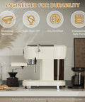 Home Barista Espresso Machine Generating Solid 20 Bar Pressure, with ETL certification and dishwasher safe parts on a countertop.