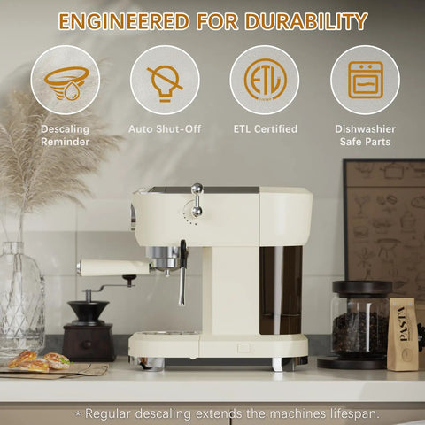 Home Barista Espresso Machine Generating Solid 20 Bar Pressure, with ETL certification and dishwasher safe parts on a countertop.