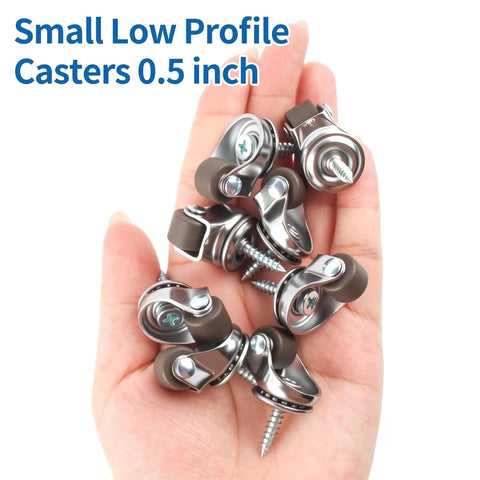 4 Pack Mini Stem Caster Wheels With One Half Inch M4 Screw Stem Swivel Casters held in hand, low profile rubber wheels