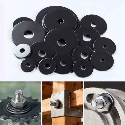 Tough As Nails 300 Pack M6 Flat Washers Made From Black Oxide 304 Stainless Steel, various sizes for screws and bolts.