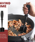 Five Blade Premium Stainless Steel Meat Chopper And Hamburger Press Tool For Fast Ground Beef Crumbling Chicken And Pork Preparation, chopping meat in pan.