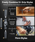 Diagram showing 32In1 T Handle Magnetic Ratcheting Screwdriver Set With Freely Interchangeable Grip Styles and 32 S2 Alloy Bits in use.