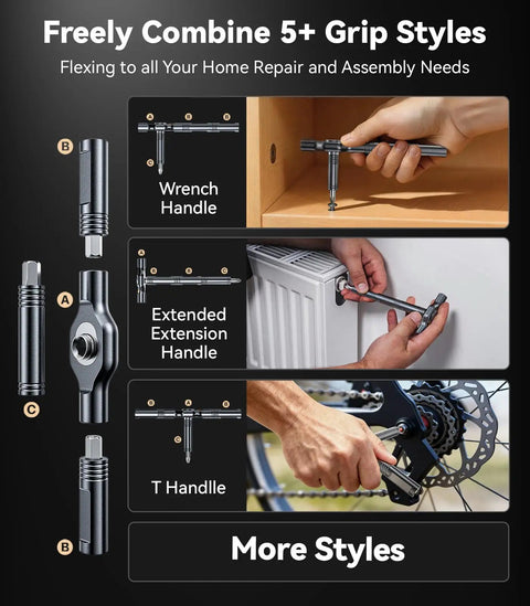 Diagram showing 32In1 T Handle Magnetic Ratcheting Screwdriver Set With Freely Interchangeable Grip Styles and 32 S2 Alloy Bits in use.