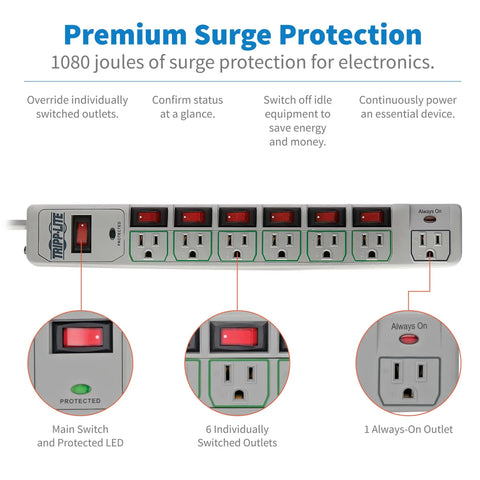 7 Outlet Surge Protector Power Strip With 6 Individually Controlled Switches, 6 Foot Cord, Lifetime Limited Warranty And $25,000 Insurance, Keep Your Gear Safe For PC, Laptop, Printer, Router, TV And Other Home Office Gear, front view