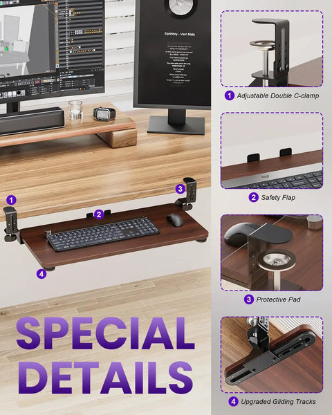 Under Desk Keyboard And Mouse Tray In Walnut Finish A Spacious 20 By 11 Point 8 Inch Board For Space Saving And Ergonomic Comfort For Your All Day Home And Office Setup, with adjustable double C-clamp