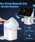 Three In One Magnetic Wireless Charging Station with phone and watch mounts, showcasing touch rotation and pop-up features.