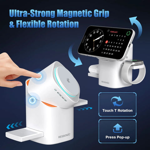 Three In One Magnetic Wireless Charging Station with phone and watch mounts, showcasing touch rotation and pop-up features.