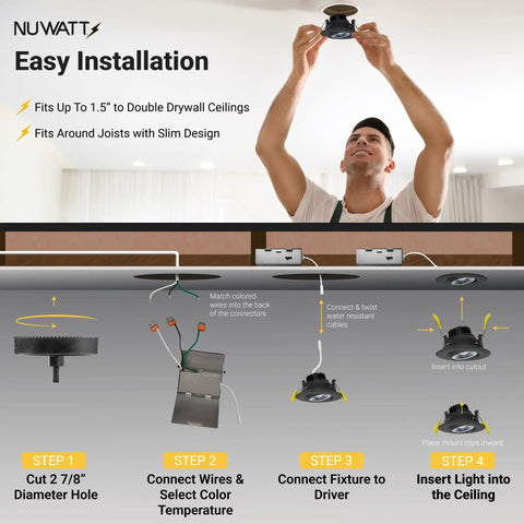 Installation guide for Black 3 Inch LED Gimbal Recessed Lights with step-by-step process for easy ceiling installation