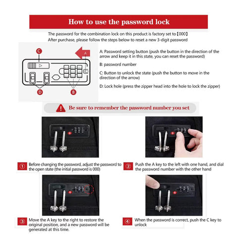 Instructions on setting the combination lock of Anti Theft Laptop Backpack With Combination Lock For Travel And Everyday Carry Fits 17 Inch Laptops Ideal For Students And Pros Women And Men Roomy Main Compartment With Easy Access Pockets Grey, illustrating steps with images.