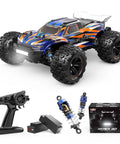 1:16 Scale Ready-To-Run Fast Remote Control Car Beast Mode Monster Truck With 4WD All Terrain Off Road Power And High Speed Jump Capable RC Truck Includes Two LiPo Batteries For Boys And Adults with accessories including remote and batteries.