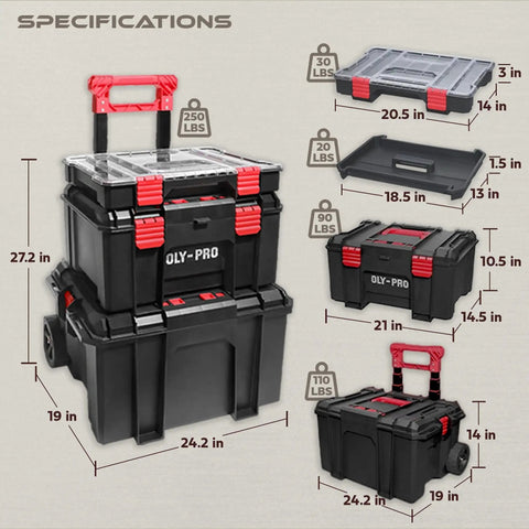 Modular Tool Box Storage System With Rolling Stackable Drawers For Garage Or Truck Heavy Duty Plastic Organizer With All Terrain Wheels Black Perfect For Pro Builders And DIY Enthusiasts On The Go showing dimensions and compartments.