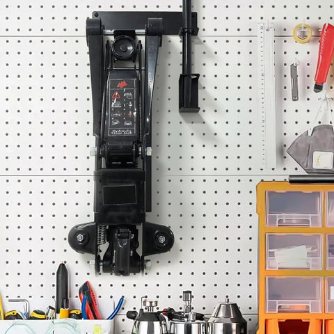 Wall Mount Jack Stand Rack Organizer For Hydraulic Floor Jacks Heavy Duty Holder And Brackets installed on garage wall