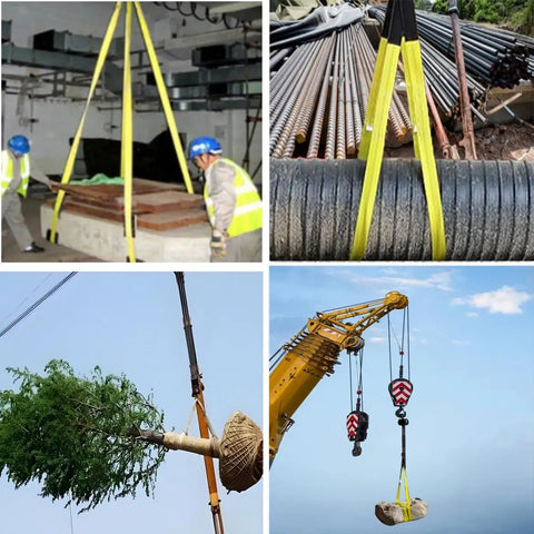 High visibility yellow tow strap lifting heavy objects, showcasing 6 ft long by 2 in wide tow strap with reinforced eyes