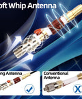 Illustration of long orange dual band walkie talkie antenna, SMA Female connector, highlighting soft whip design for UV5R radios.