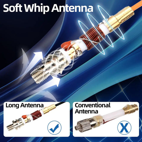 Illustration of long orange dual band walkie talkie antenna, SMA Female connector, highlighting soft whip design for UV5R radios.