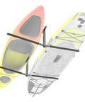 Ceiling Kayak Storage Rack For Garage Heavy Duty Overhead Kayak Hanger Holds Two Kayaks Snowboards Surfboards Paddleboards And SUPs Space Saving Ceiling Mount Organizer installed with two kayaks