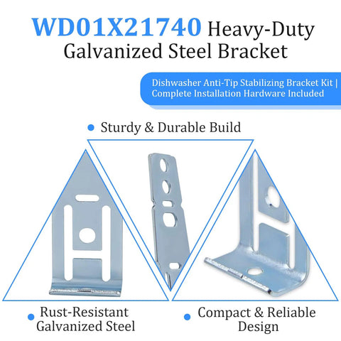 Heavy Duty Countertop Dishwasher Mounting Brackets, 4 Pack With Screws, No Sweat Replacement For WD01X21740, angled view of galvanized steel brackets